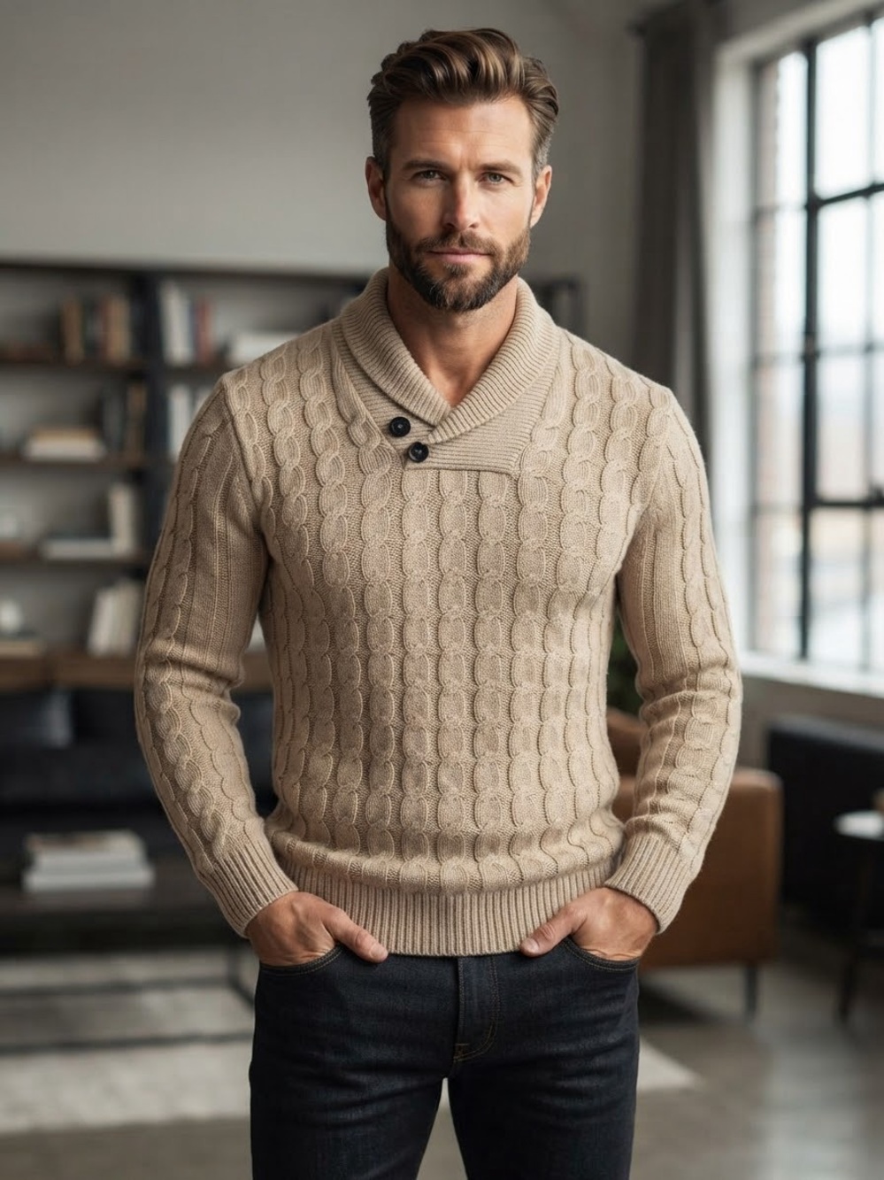COOFANDY Men's Cable Knit Shawl Turtleneck Sweater - Beige